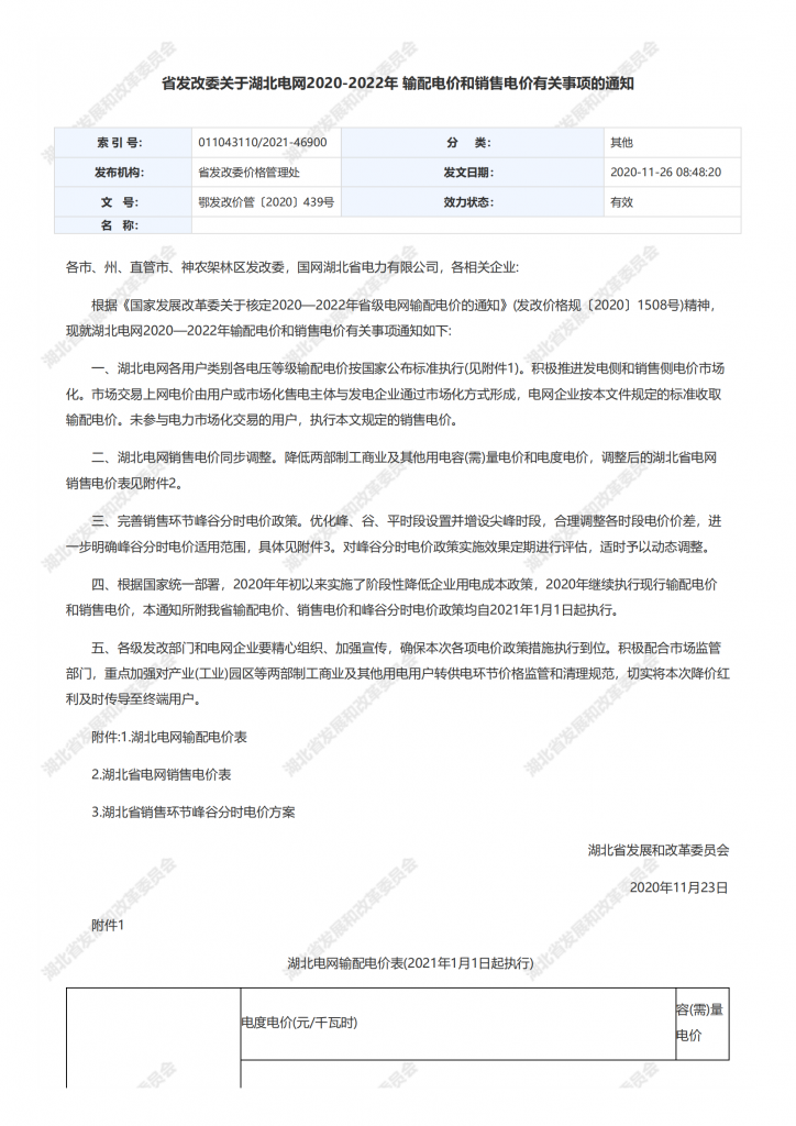省发改委关于湖北电网2020-2022年输配电价和销售电价有关事项的通知