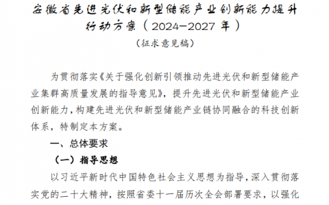 安徽省先进光伏和新型储能产业创新能力提升行动方案（2024-2027年）